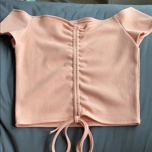 Romwe blush pink off the shoulder crop top
